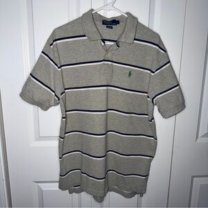 Polo Ralph Lauren Size Large Grey Polo Navy White Stripes Horizontal Green Pony